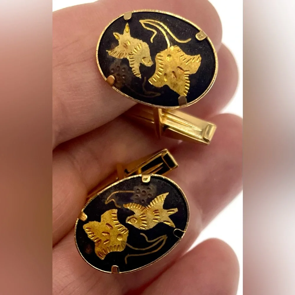 Vintage Gold Tone and Black Damascene Cufflinks